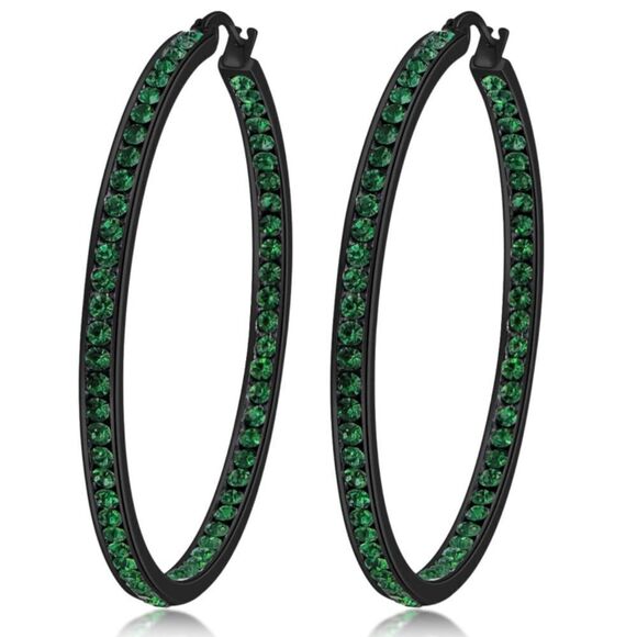 14K Black Gold with Emerald Green Cubic Zirconia Big Hoop Latch Back Earrings - Picture 1 of 6